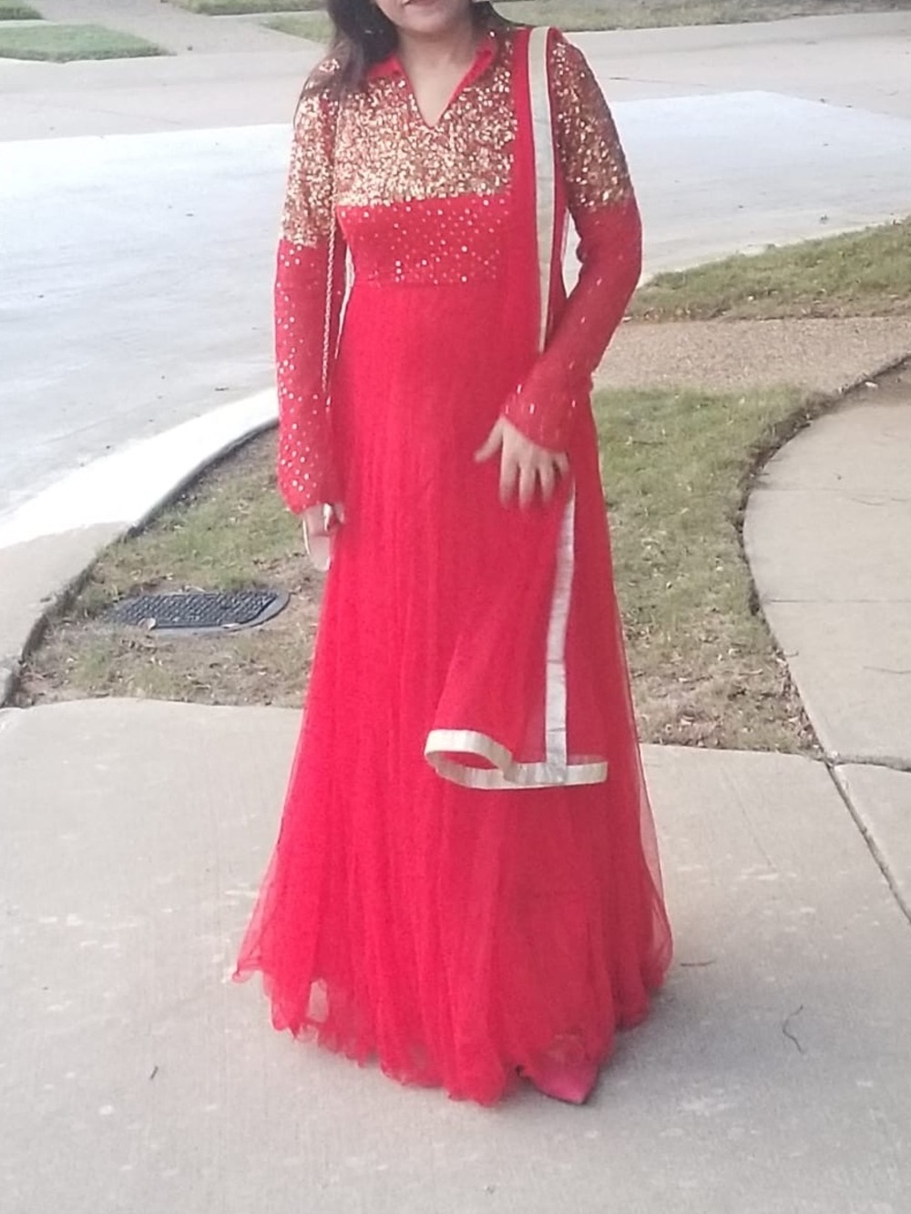 Red Sequined Maxi Dress with Gold Accents
